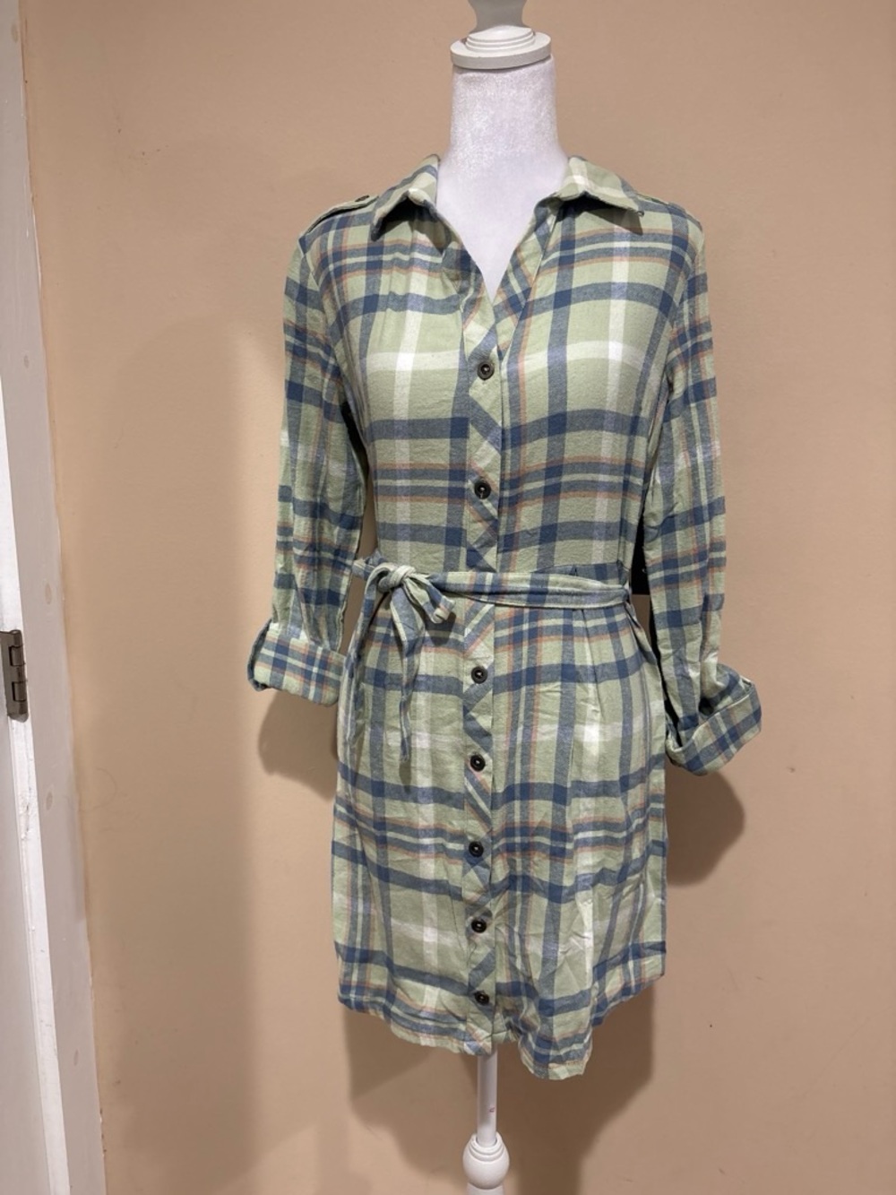 Derek Heart Sage Green Plaid Button-Front Mini Dress